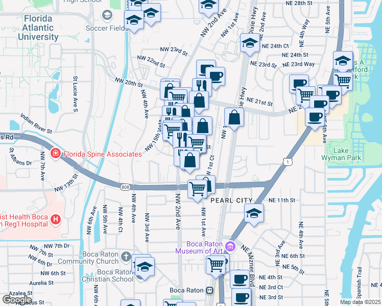 map of restaurants, bars, coffee shops, grocery stores, and more near 170 Northwest 16th Street in Boca Raton