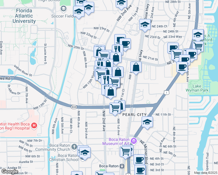 map of restaurants, bars, coffee shops, grocery stores, and more near 170 Northwest 16th Street in Boca Raton