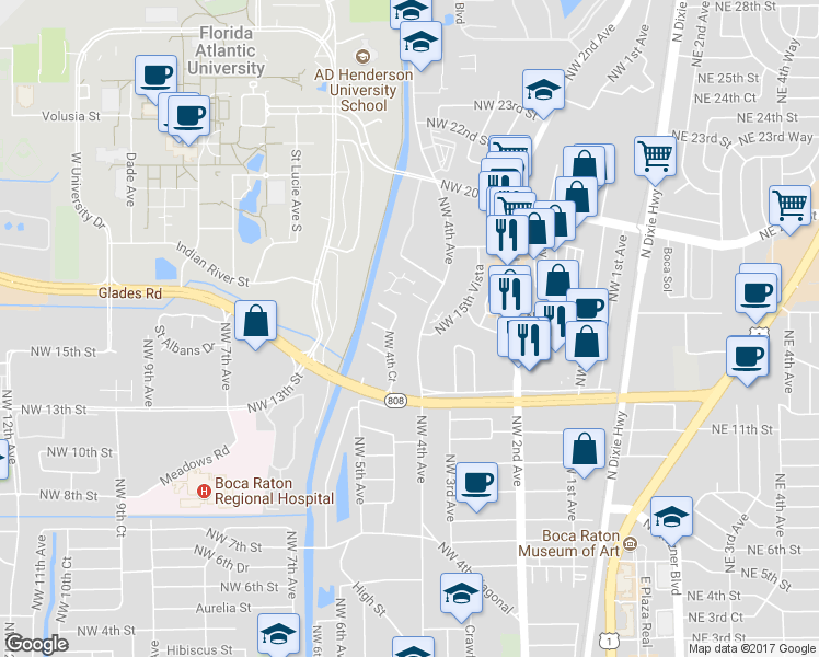 map of restaurants, bars, coffee shops, grocery stores, and more near 1499 Northwest 4th Avenue in Boca Raton