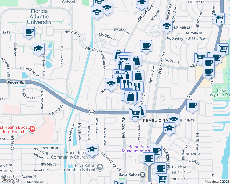 map of restaurants, bars, coffee shops, grocery stores, and more near 229 Northwest 15th Street in Boca Raton