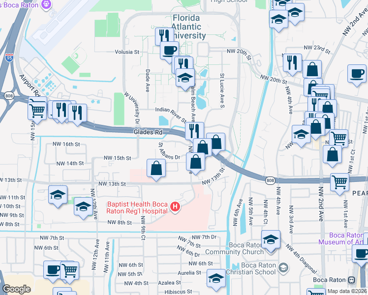 map of restaurants, bars, coffee shops, grocery stores, and more near 690 Glades Road in Boca Raton