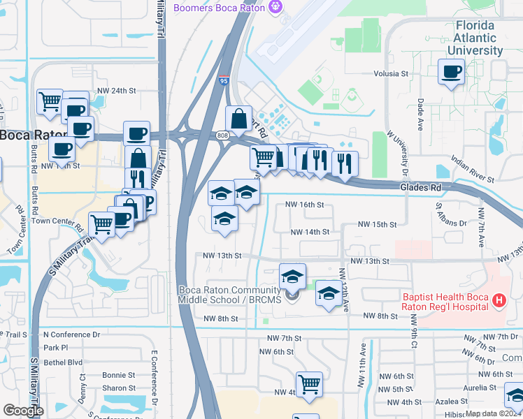 map of restaurants, bars, coffee shops, grocery stores, and more near 1580 Northwest 15th Avenue in Boca Raton