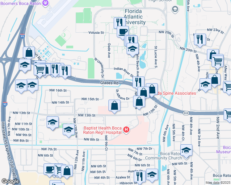 map of restaurants, bars, coffee shops, grocery stores, and more near 755 Saint Albans Drive in Boca Raton