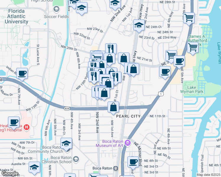 map of restaurants, bars, coffee shops, grocery stores, and more near 134 Northwest 16th Street in Boca Raton