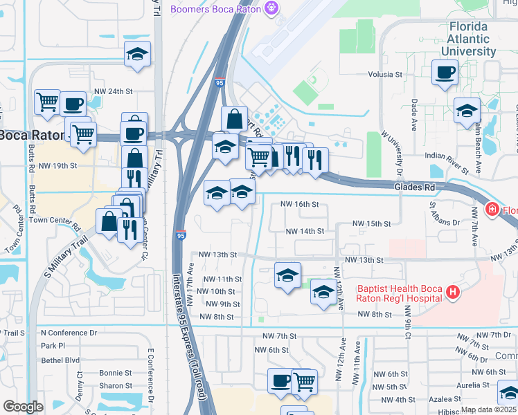 map of restaurants, bars, coffee shops, grocery stores, and more near 1580 Northwest 15th Avenue in Boca Raton