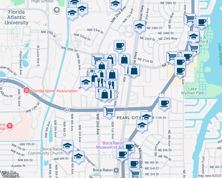 map of restaurants, bars, coffee shops, grocery stores, and more near 134 Northwest 16th Street in Boca Raton
