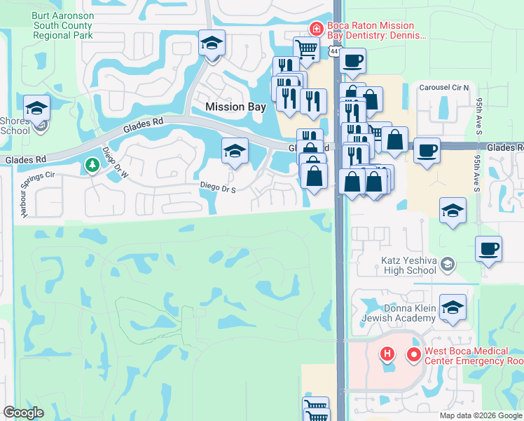 map of restaurants, bars, coffee shops, grocery stores, and more near 20970 Via Alamanda in Boca Raton