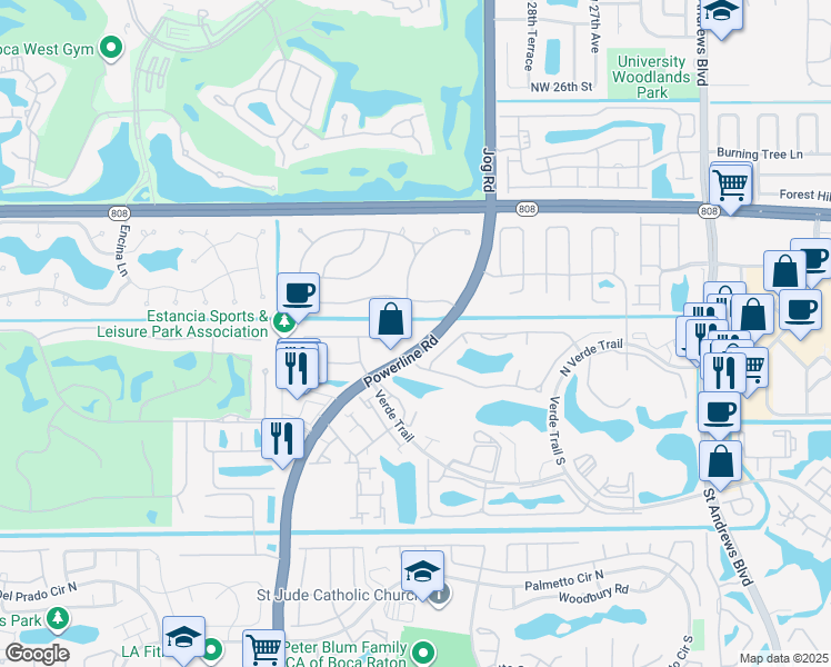 map of restaurants, bars, coffee shops, grocery stores, and more near 6641 Giralda Circle in Boca Raton
