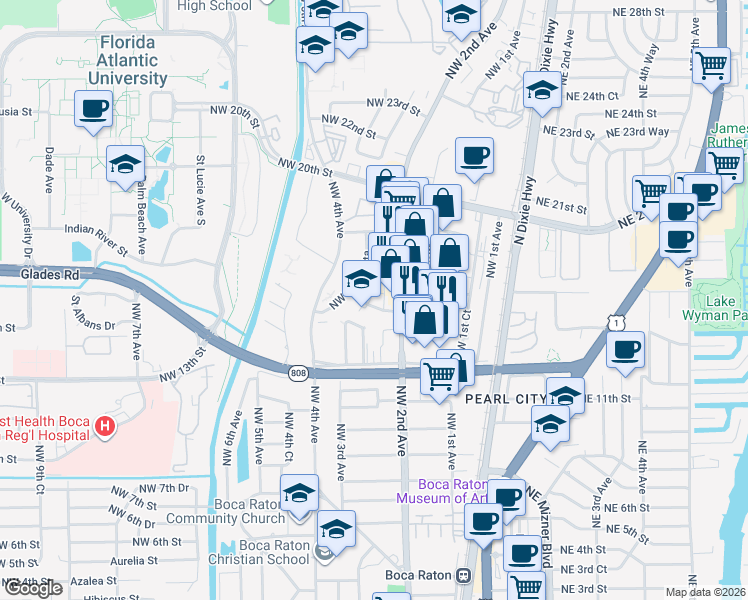 map of restaurants, bars, coffee shops, grocery stores, and more near 229 Northwest 15th Street in Boca Raton