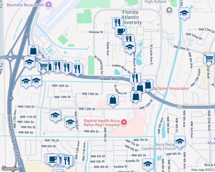 map of restaurants, bars, coffee shops, grocery stores, and more near 950 Florida 808 in Boca Raton