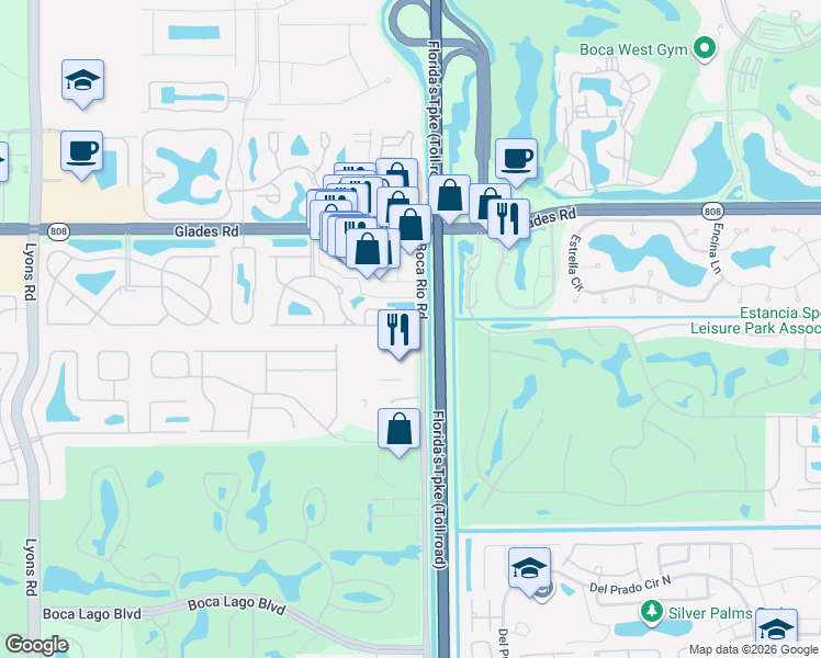 map of restaurants, bars, coffee shops, grocery stores, and more near 21000 210th Street South in Boca Raton