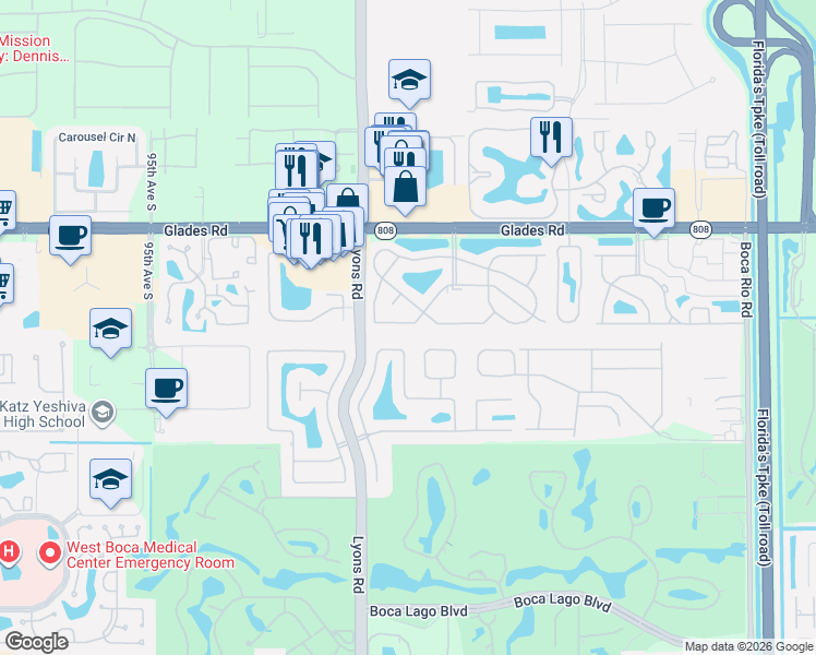 map of restaurants, bars, coffee shops, grocery stores, and more near 21039 Escondido Way North in Boca Raton