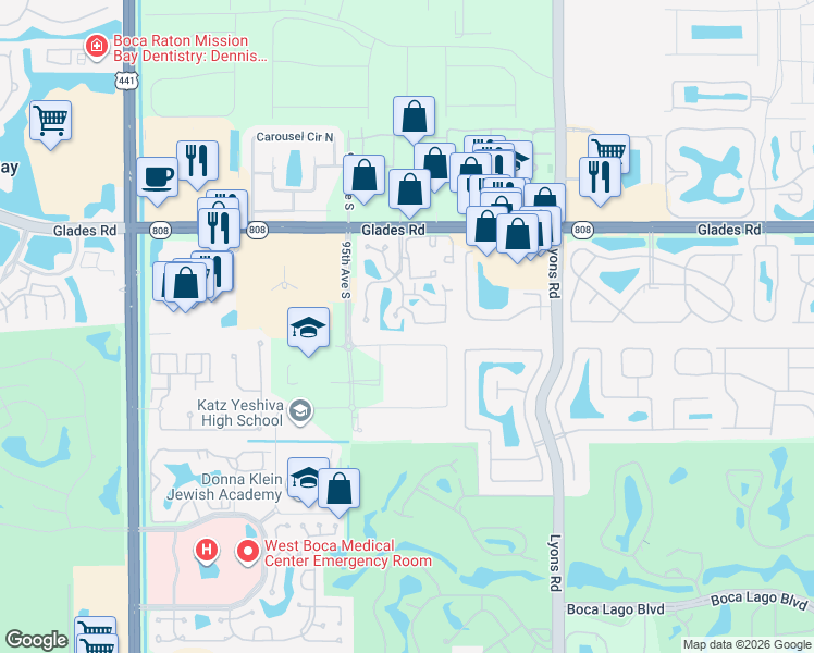 map of restaurants, bars, coffee shops, grocery stores, and more near 20949 Boca Ridge Drive South in Boca Raton