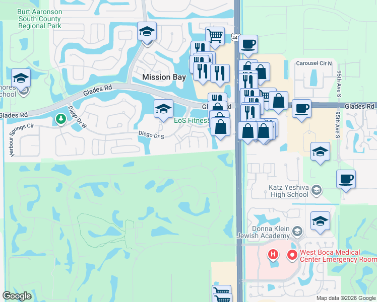 map of restaurants, bars, coffee shops, grocery stores, and more near 20970 Via Alamanda in Boca Raton