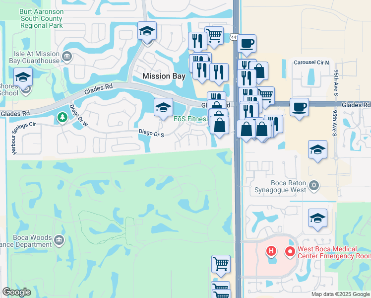 map of restaurants, bars, coffee shops, grocery stores, and more near 20970 Via Alamanda in Boca Raton