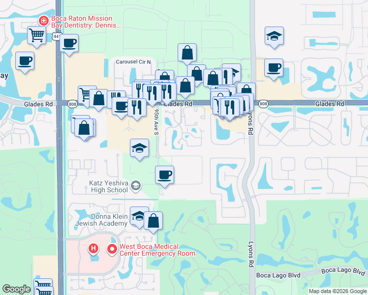 map of restaurants, bars, coffee shops, grocery stores, and more near 20949 Boca Ridge Drive South in Boca Raton
