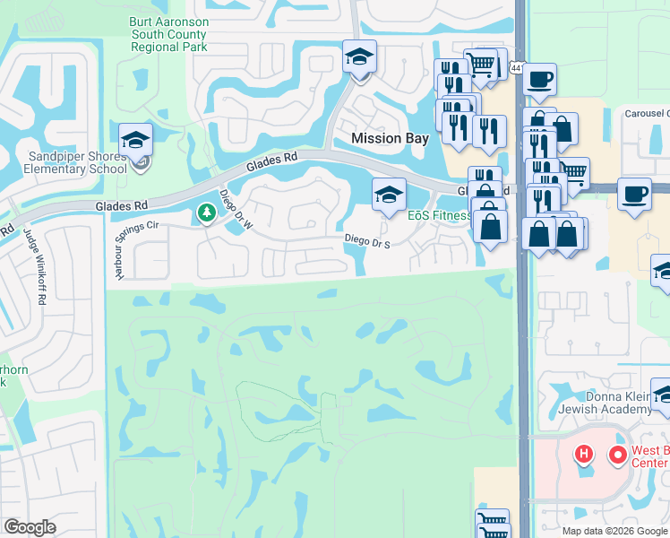 map of restaurants, bars, coffee shops, grocery stores, and more near 10603 Wheelhouse Circle in Boca Raton