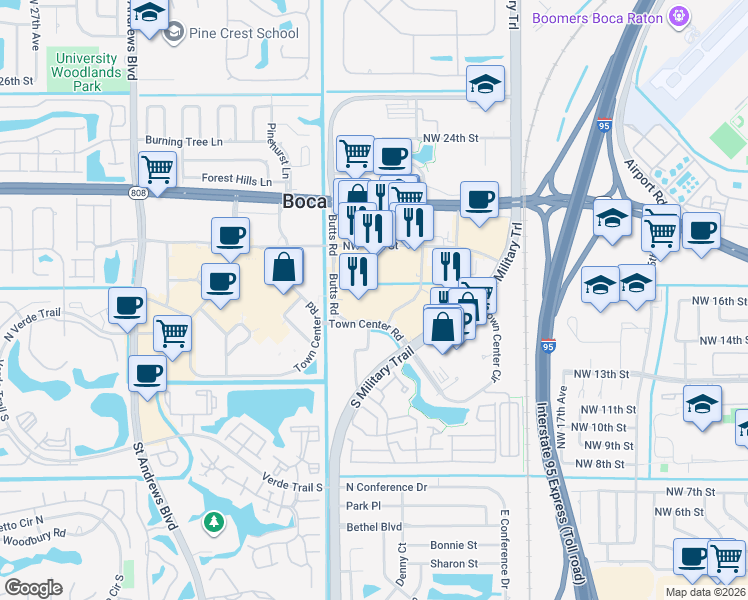 map of restaurants, bars, coffee shops, grocery stores, and more near 5355 Town Center Road in Boca Raton
