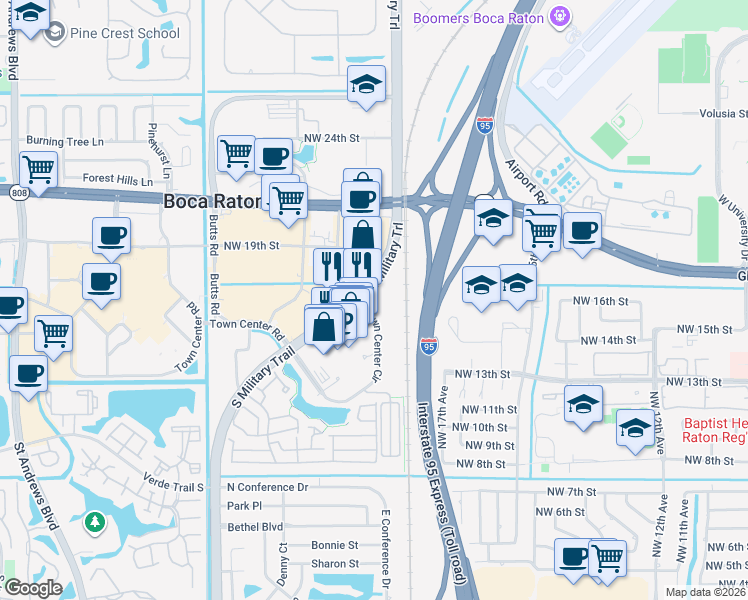 map of restaurants, bars, coffee shops, grocery stores, and more near 5050 Town Center Circle in Boca Raton