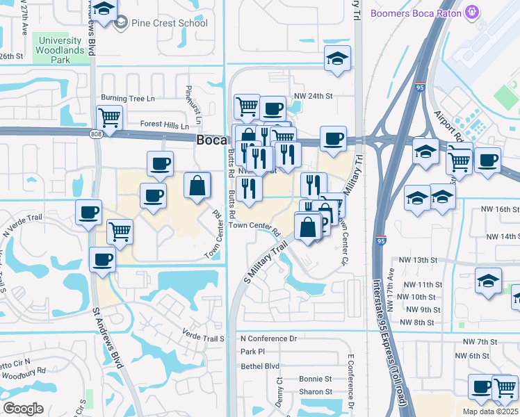 map of restaurants, bars, coffee shops, grocery stores, and more near 5355 Town Center Road in Boca Raton