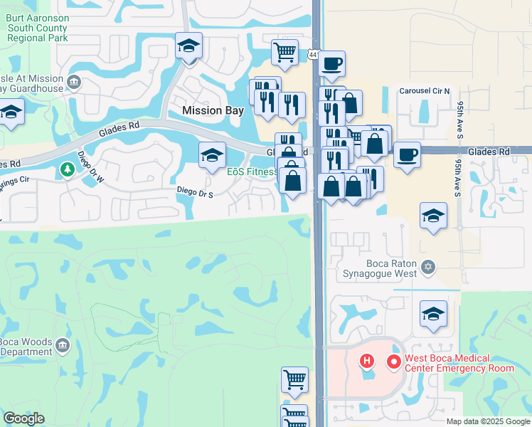 map of restaurants, bars, coffee shops, grocery stores, and more near 11302 Boca Woods Lane in Boca Raton