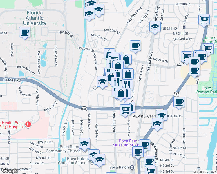 map of restaurants, bars, coffee shops, grocery stores, and more near 229 Northwest 15th Street in Boca Raton