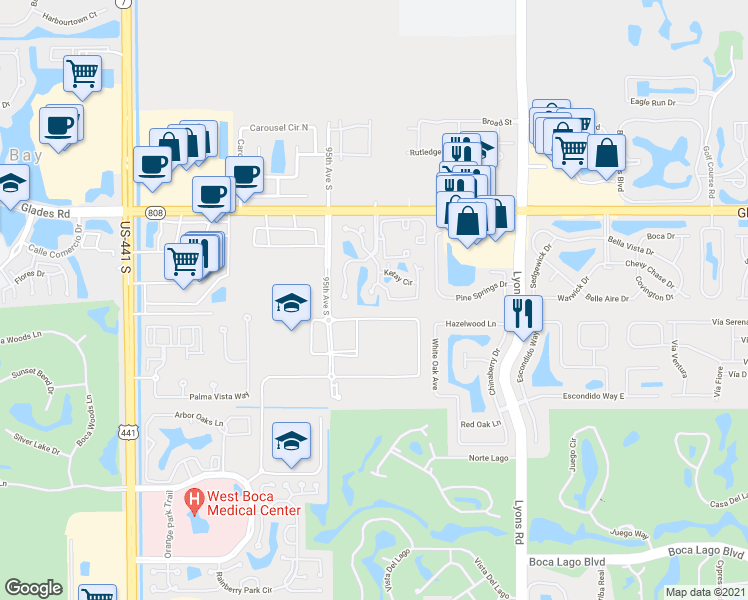 map of restaurants, bars, coffee shops, grocery stores, and more near 20949 Boca Ridge Drive South in Boca Raton