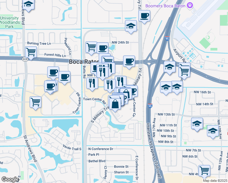 map of restaurants, bars, coffee shops, grocery stores, and more near 21046 Commercial Trail in Boca Raton