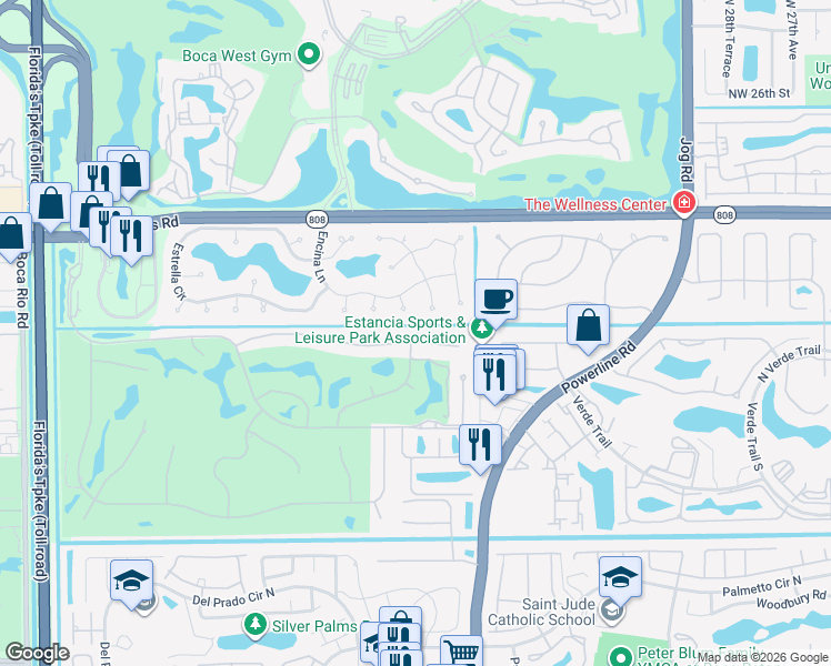 map of restaurants, bars, coffee shops, grocery stores, and more near 7190 Valencia Drive in Boca Raton