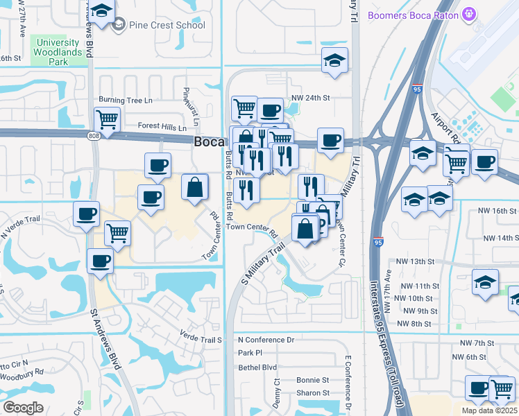 map of restaurants, bars, coffee shops, grocery stores, and more near 5355 Town Center Road in Boca Raton