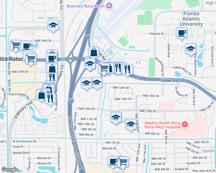 map of restaurants, bars, coffee shops, grocery stores, and more near 1580 Northwest 15th Avenue in Boca Raton