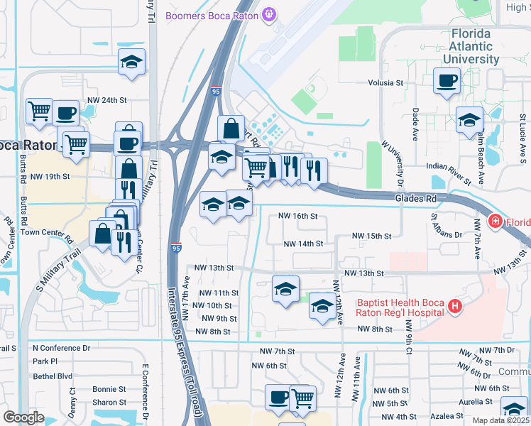map of restaurants, bars, coffee shops, grocery stores, and more near 1580 Northwest 15th Avenue in Boca Raton