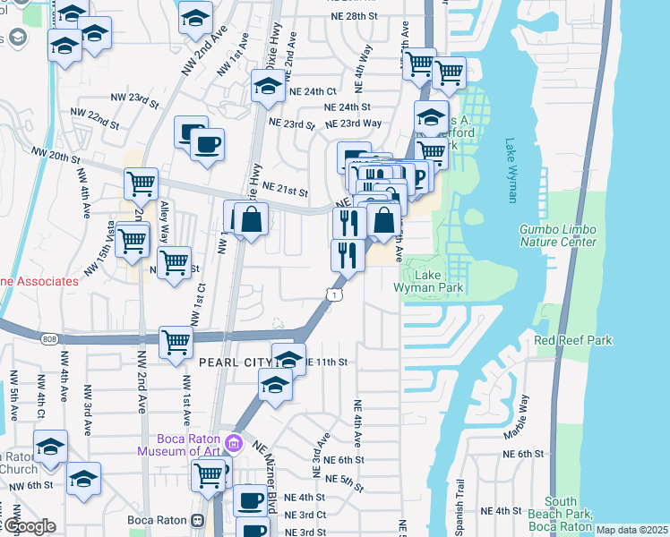 map of restaurants, bars, coffee shops, grocery stores, and more near 1450 North Federal Highway in Boca Raton