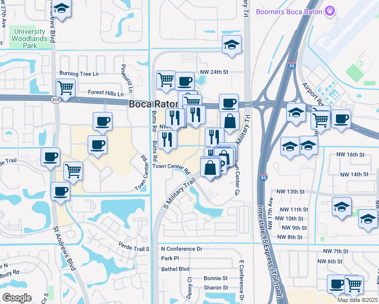map of restaurants, bars, coffee shops, grocery stores, and more near 21046 Commercial Trail in Boca Raton