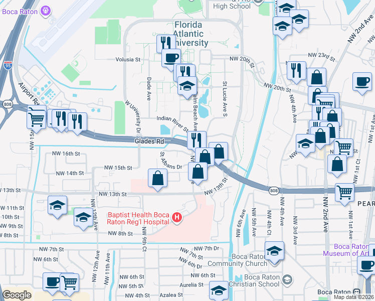 map of restaurants, bars, coffee shops, grocery stores, and more near 797 Saint Albans Drive in Boca Raton