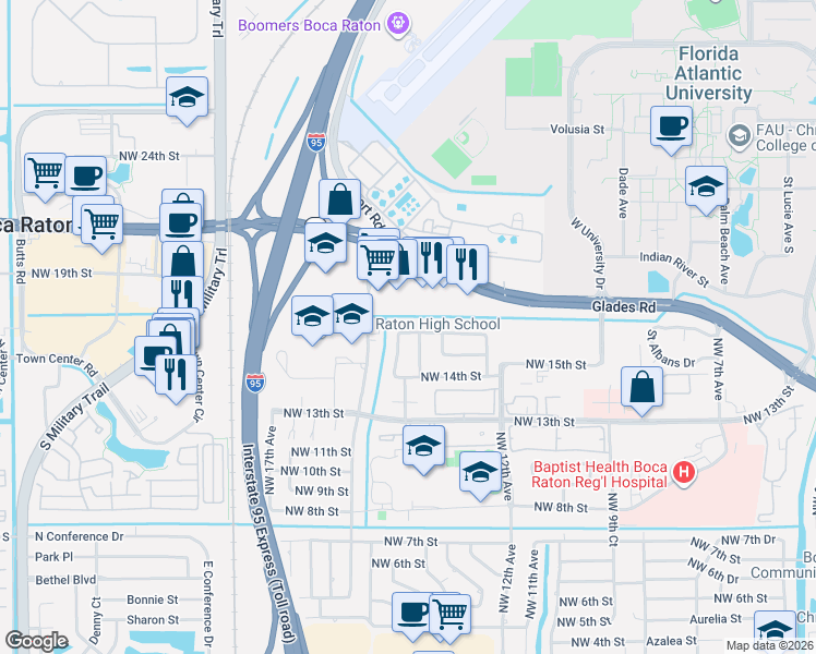 map of restaurants, bars, coffee shops, grocery stores, and more near 1561 Northwest 13th Avenue in Boca Raton