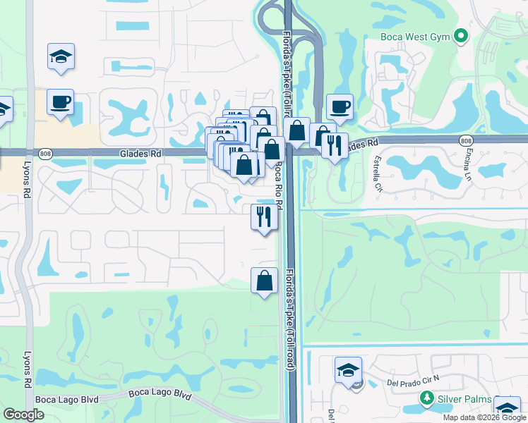 map of restaurants, bars, coffee shops, grocery stores, and more near 21000 210th Street South in Boca Raton
