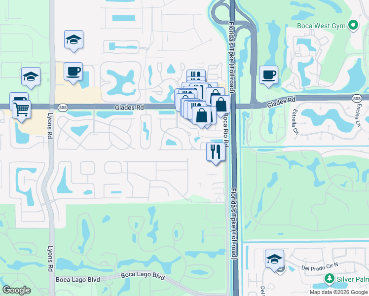 map of restaurants, bars, coffee shops, grocery stores, and more near 8265 Vía Serena in Boca Raton