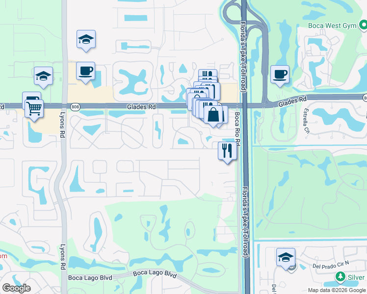 map of restaurants, bars, coffee shops, grocery stores, and more near 8379 Vía Serena in Boca Raton