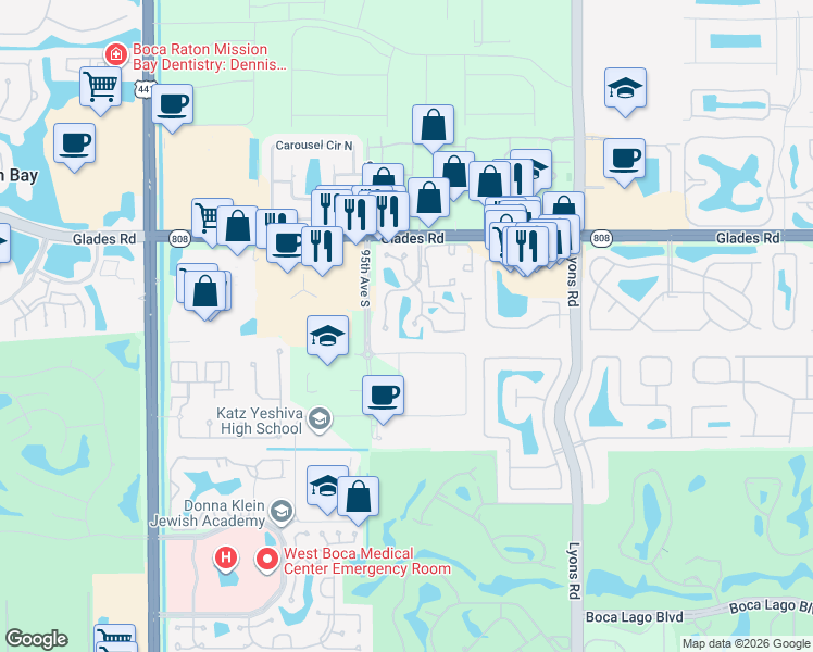 map of restaurants, bars, coffee shops, grocery stores, and more near 20949 Boca Ridge Drive South in Boca Raton