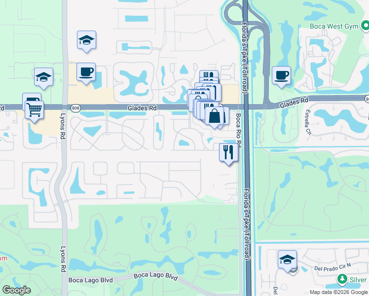 map of restaurants, bars, coffee shops, grocery stores, and more near 8379 Vía Serena in Boca Raton