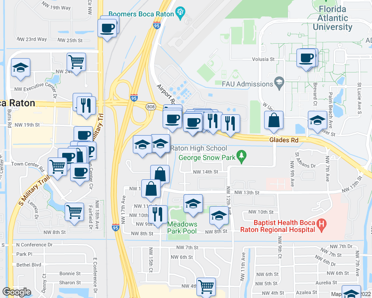 map of restaurants, bars, coffee shops, grocery stores, and more near 1561 Northwest 13th Avenue in Boca Raton