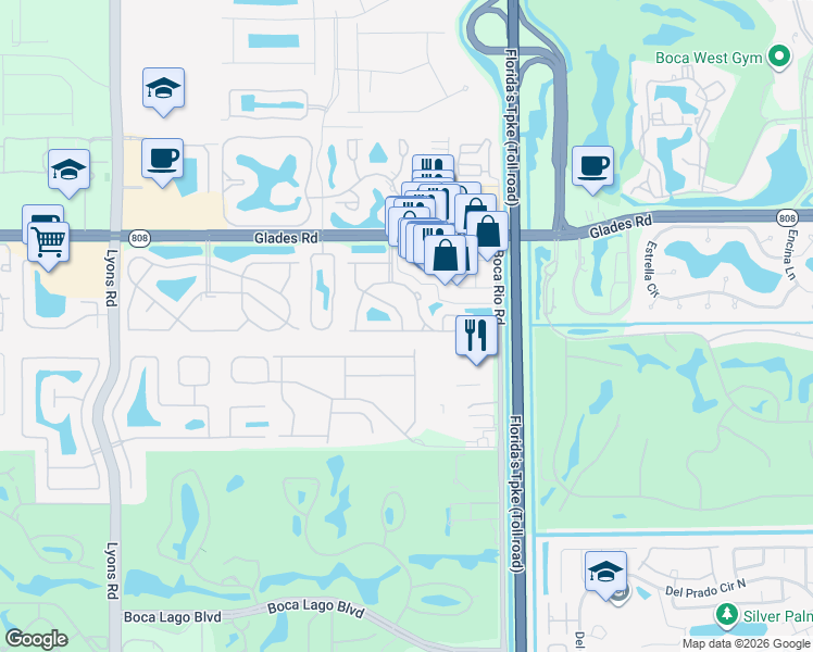 map of restaurants, bars, coffee shops, grocery stores, and more near 8265 Vía Serena in Boca Raton