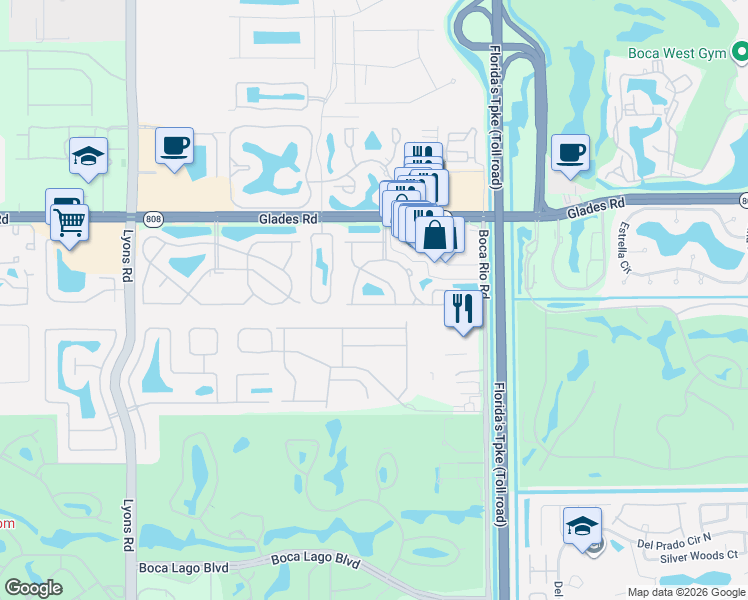 map of restaurants, bars, coffee shops, grocery stores, and more near 8379 Vía Serena in Boca Raton