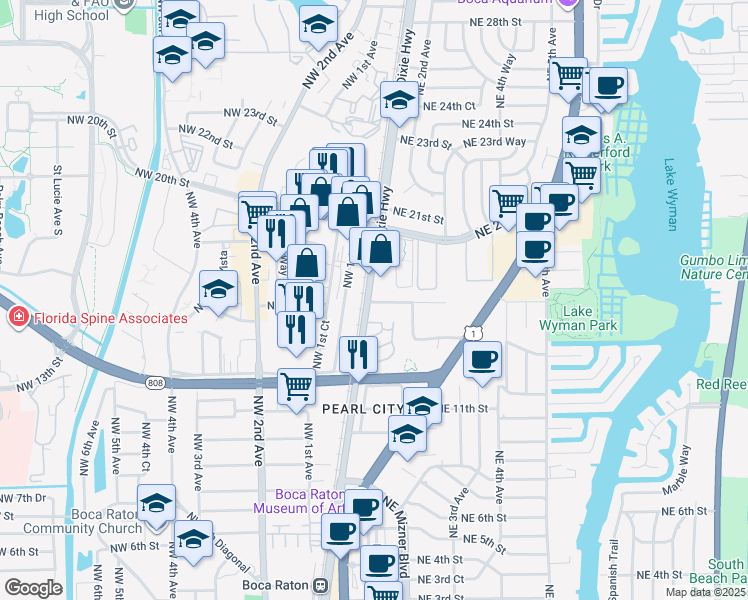 map of restaurants, bars, coffee shops, grocery stores, and more near 1700 North Dixie Highway in Boca Raton