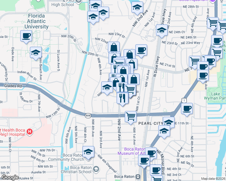 map of restaurants, bars, coffee shops, grocery stores, and more near 253 Northwest 15th Street in Boca Raton