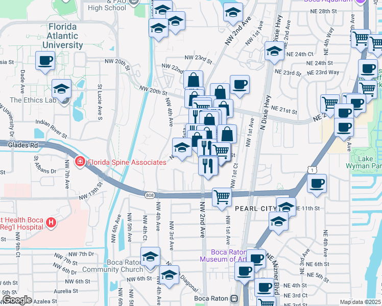 map of restaurants, bars, coffee shops, grocery stores, and more near 253 Northwest 15th Street in Boca Raton