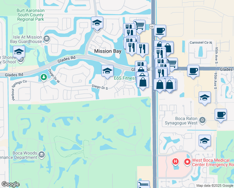 map of restaurants, bars, coffee shops, grocery stores, and more near 10266 Courtside Lane in Boca Raton