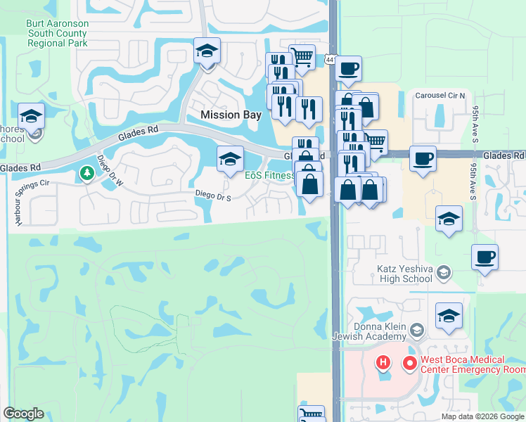 map of restaurants, bars, coffee shops, grocery stores, and more near 20951 Vía Azalea in Boca Raton