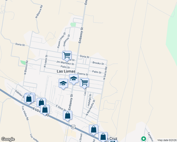 map of restaurants, bars, coffee shops, grocery stores, and more near 257 Las Lomas Street in Rio Grande City